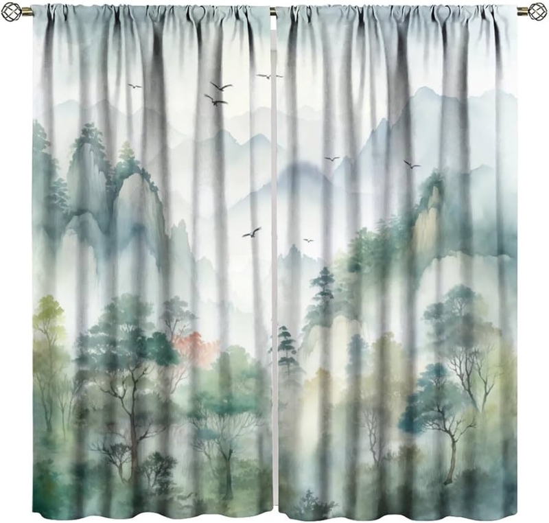 Curtains Watercolor Woodland Motif Misty Mountain Print Rod Pocket