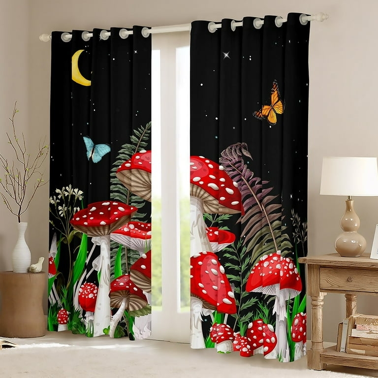 Curtains Whimsical Mushroom Print Celestial Motifs Navy Boho Blackout