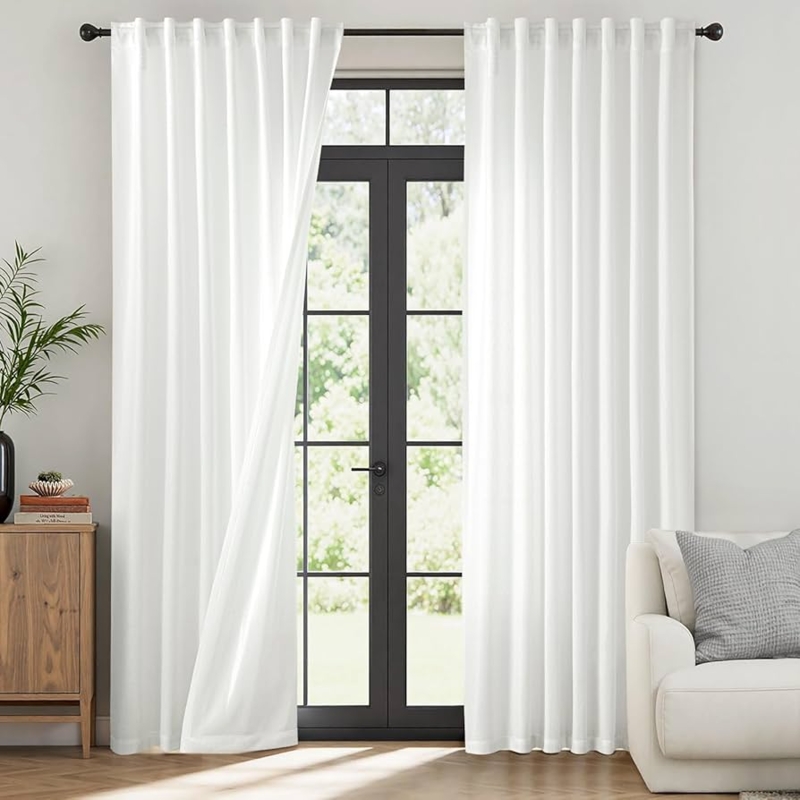 Curtains White Semi Sheer Privacy Back Tab Linen Textured
