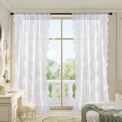 Curtains with Floral Lace Pattern and Scalloped Edges White