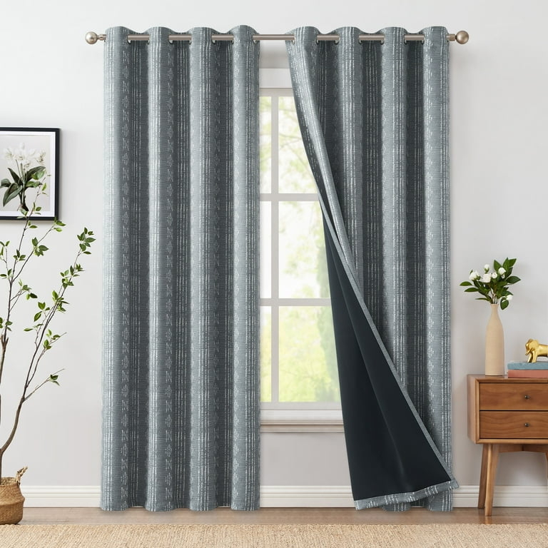 Curtains with Geometric Stripe Pattern Grommet Top Grey and White