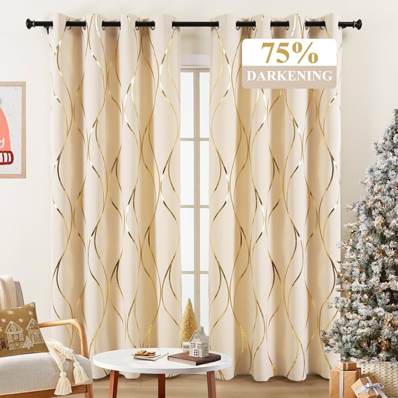 Curtains with Gold Geometric Pattern Metallic Print Velvet-like