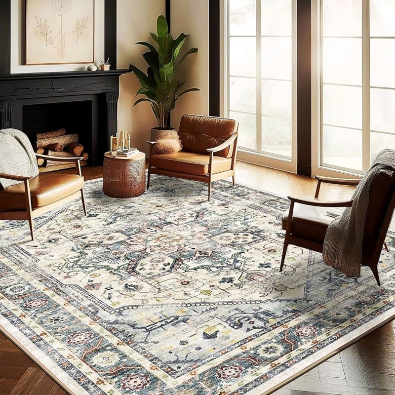 Cyan Medallion Area Rug, Washable Boho Chic Distressed Pattern