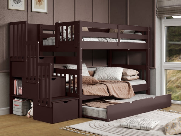 Dark Cherry Bunk Bed with Stairway Entry and Under-Bed Trundle