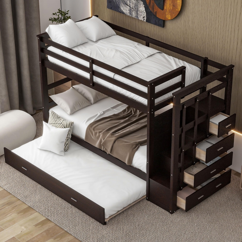 Dark Wood Bunk Bed with Storage Staircase and Pull-Out Trundle