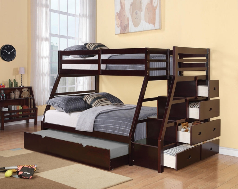 Dark Wood Twin Over Full Bunk Bed with Trundle and Ladder