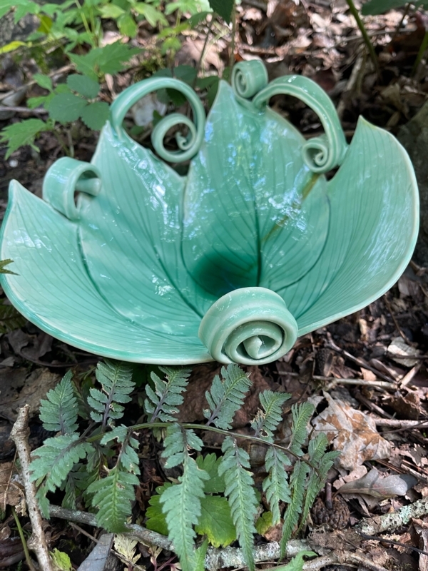 Decorative Bowl Artisanal Ceramic Leaf Silhouette with Teal Glaze Interior