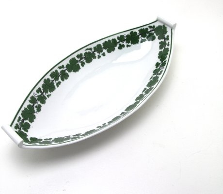 Decorative Bowl Oval White Porcelain with Botanical Relief Vine Decor
