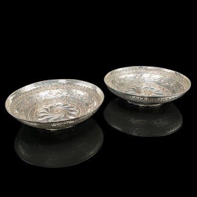 Decorative Bowl Pair Etched Metal Floral Pattern Scalloped Rims