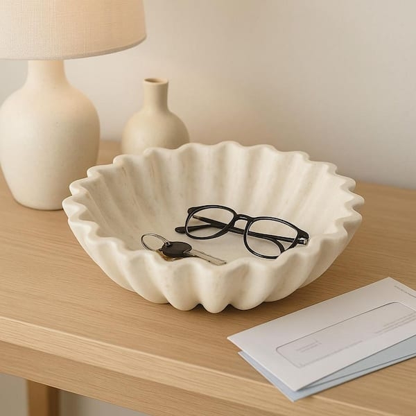 Decorative Bowl Paper Mache Texture Matte Ivory Fluted Modern Dish