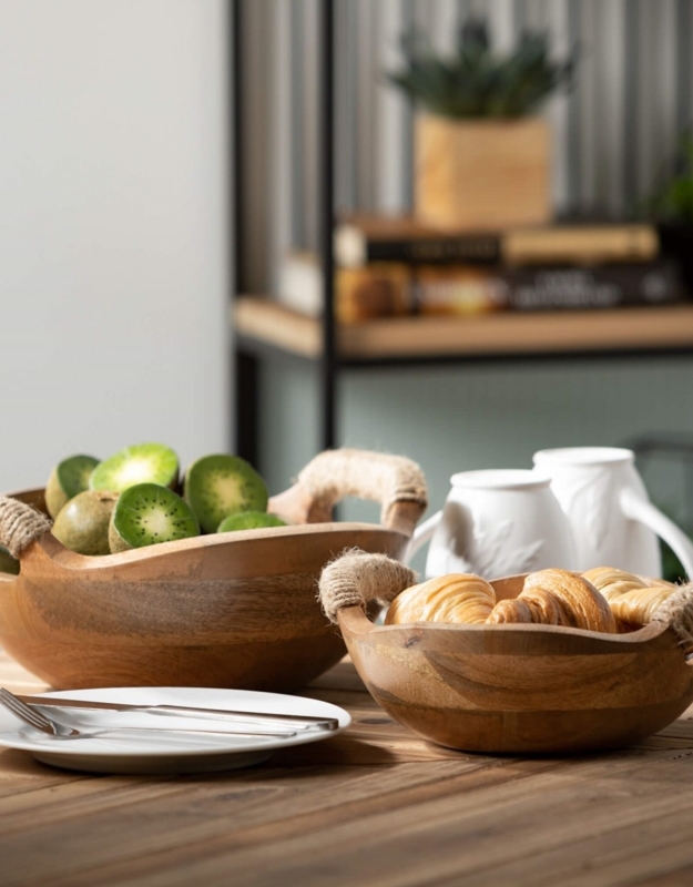 Decorative Bowl Rectangular Wood Rope Wrapped Handles Farmhouse