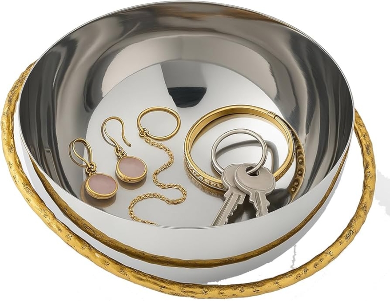 Decorative Bowl Silver Mesh Basket Design with Gold Leaf Vine Trim