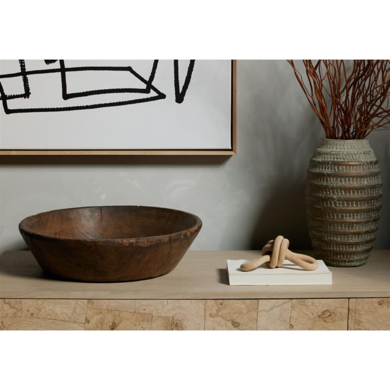Decorative Bowl Warm Brown Wood Natural Knots Thick Rim Matte