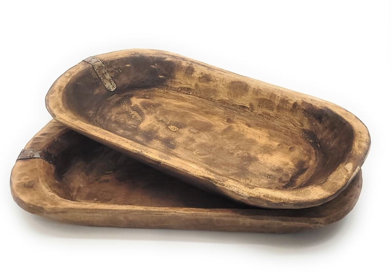 Decorative Dough Bowl, Oblong Carved Wood, Rustic Farmhouse Centerpiece