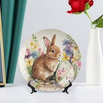 Decorative Plate Ceramic Vintage Bunny Illustration Wire Stand
