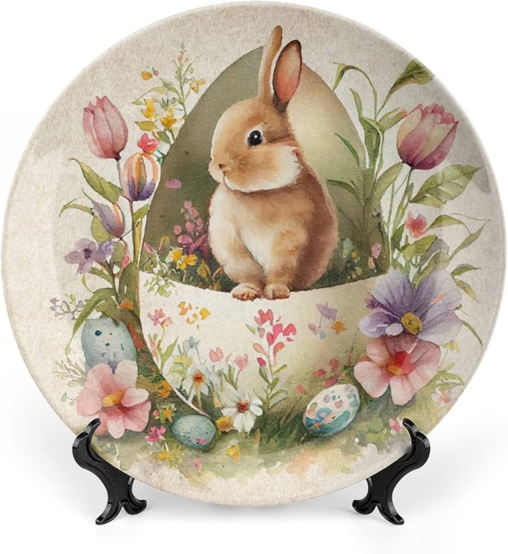 Decorative Plate with Stand Vintage Rabbit Ceramic Display Glossy