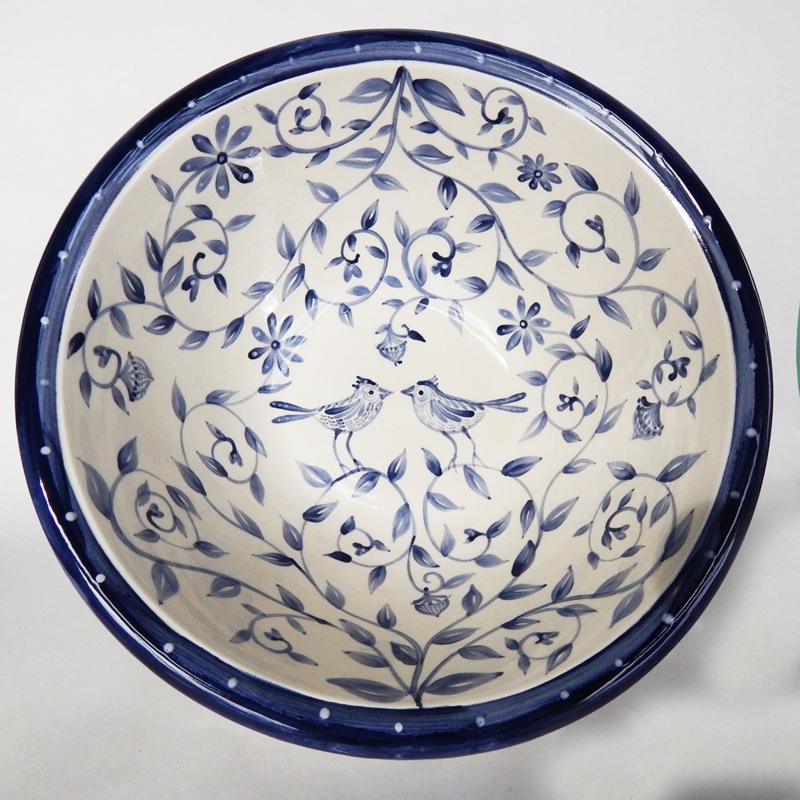 Delft Blue Bird Serving Bowl Scalloped Edge Ceramic