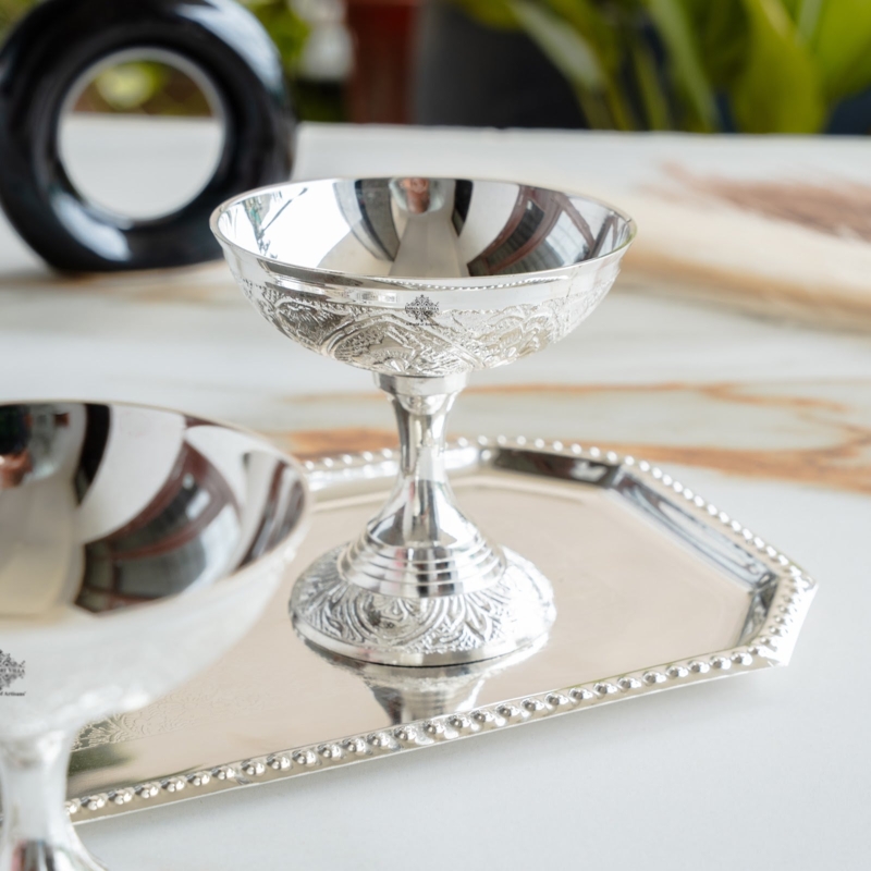 Dessert Bowl Set Plated Metal Floral Embossing Tray Spoons Ornate