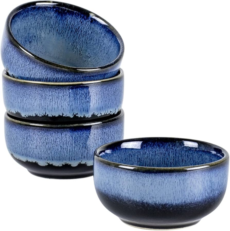 Dessert Bowls with Reactive Glaze, Porcelain. Blue Porcelain Dessert Bowl Set.