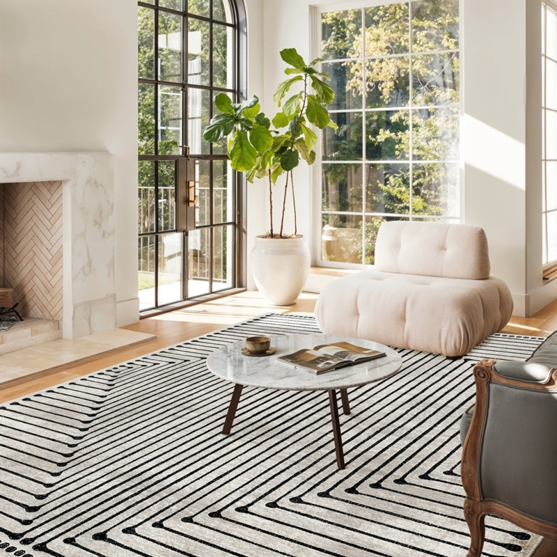 Diamond Trellis Area Rug Cream & Charcoal Fringed Ends Textured