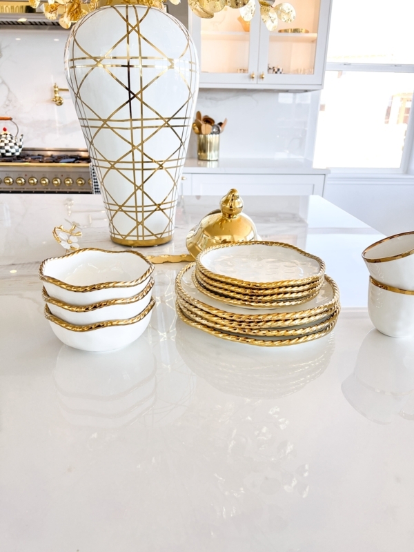 Dinner Plate Ceramic Twisted Rope Rim Gold Accent