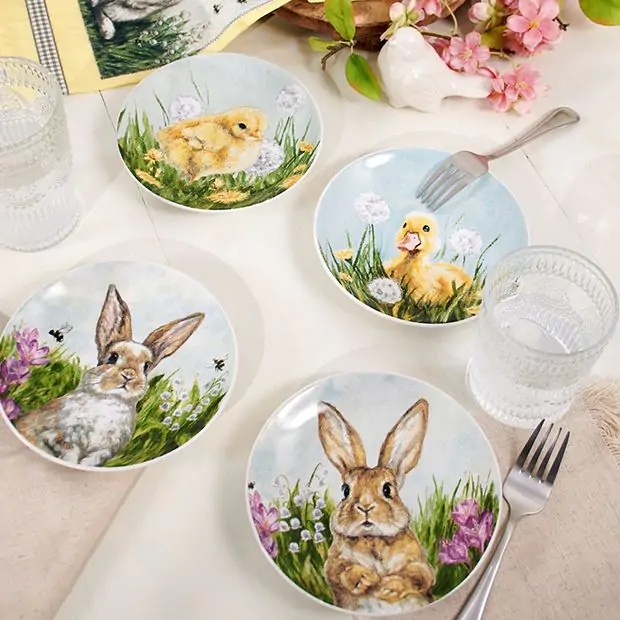 Dinner Plates with Hand Sketched Animals for Farmhouse Easter Setting