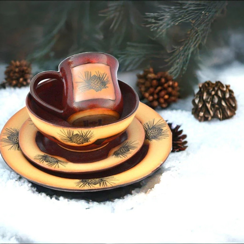 Dinnerware Set Ceramic Embossed Pinecone Motif Speckled Glaze