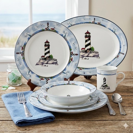 Dinnerware Set Ceramic Lighthouse Illustration Blue Banded Rim