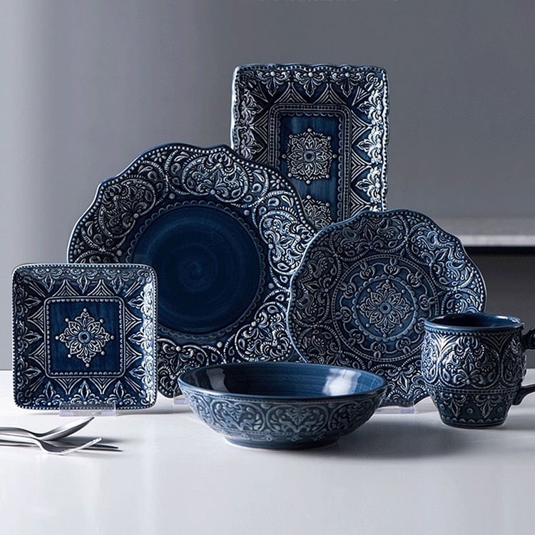 Dinnerware Set Cobalt Blue Gold Rim Scalloped Edge European Style