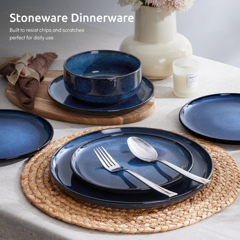 Dinnerware Set Deep Blue Tone Contrast Rim Reactive Glaze Rustic