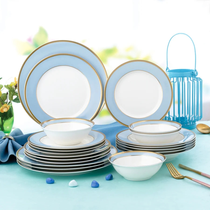 Dinnerware Set Distressed Brown Rim Powder Blue Speckled Glaze
