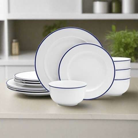 Dinnerware Set Double Blue Band Bistro Aesthetic Glossy Coastal Style