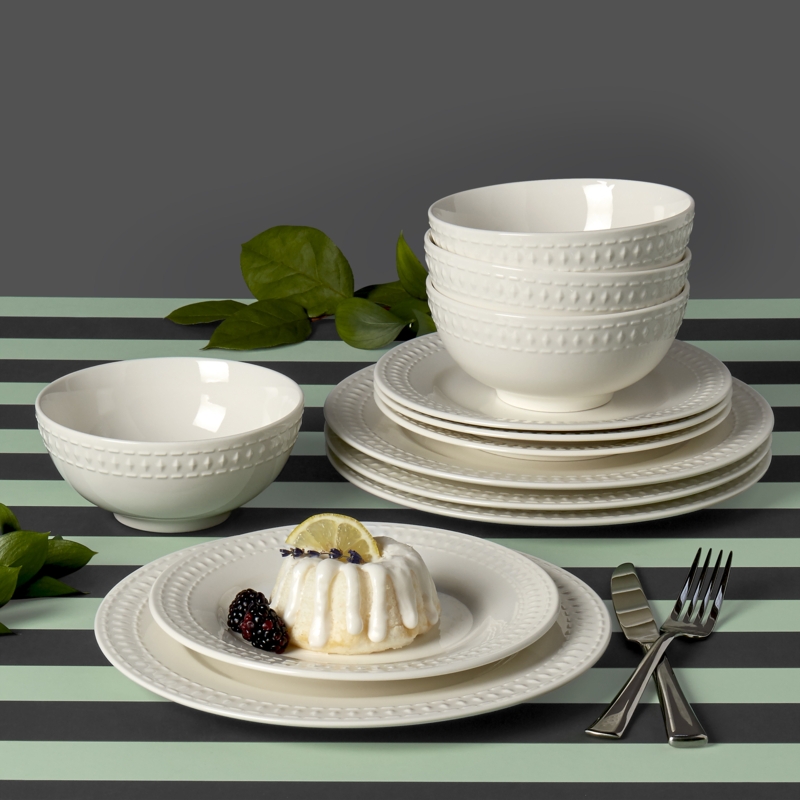 Dinnerware Set Embossed Floral Rim Glossy Porcelain Traditional