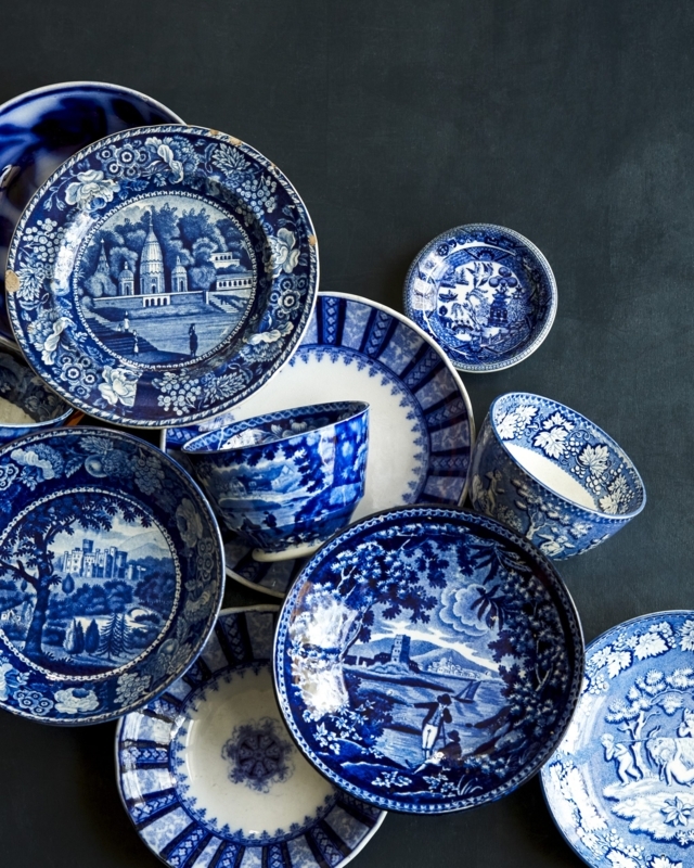 Dinnerware Set Flow Blue Glaze Pastoral Motifs Antique Style Traditional