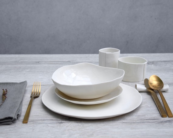 Dinnerware Set Handcrafted Silhouette Organic Edges Matte Porcelain