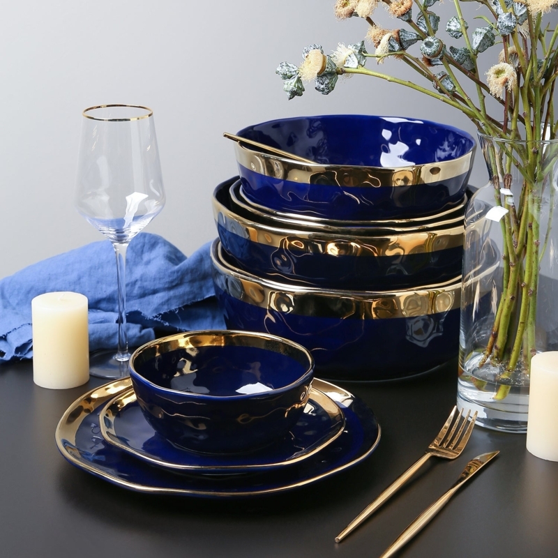 Dinnerware Set High Rim Navy Blue Porcelain Gold Rimmed Modern Style