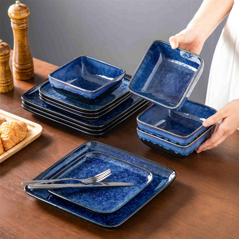 Dinnerware Set Indigo Speckled Glaze Brown Edge Detail Artisanal Style