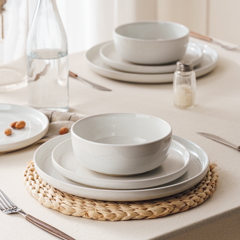 Dinnerware Set Linear Texture Ribbed Rim Matte Stoneware Off-White
