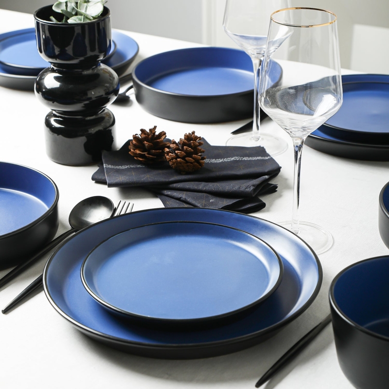 Dinnerware Set Matte Blue Glaze Charcoal Rim Stoneware Material