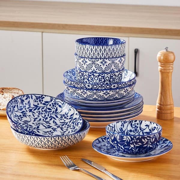 Dinnerware Set Mixed Patterns Blue And White Botanical Motifs Porcelain