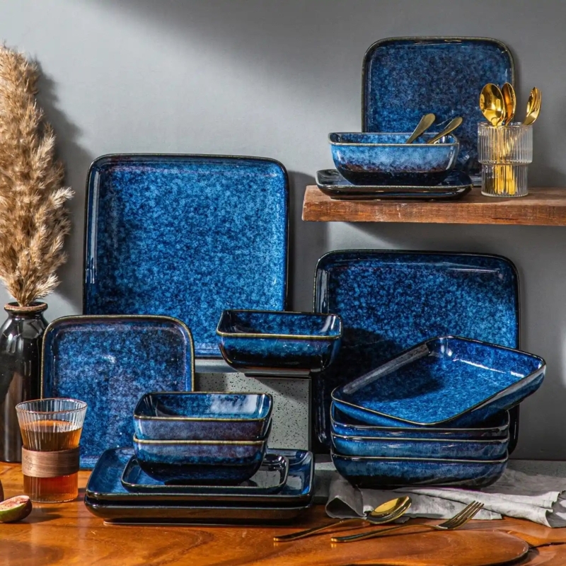Dinnerware Set Navy Blue Speckled Pattern Reactive Glaze Rustic Style