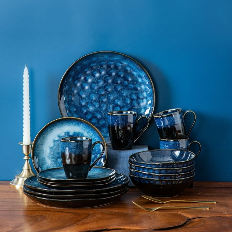 Dinnerware Set Navy Stoneware Speckled Matte Finish Contrast Rim