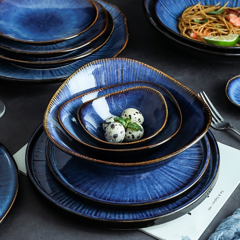 Dinnerware Set Ocean Blue Glaze Organic Edges Nordic Minimalist Style