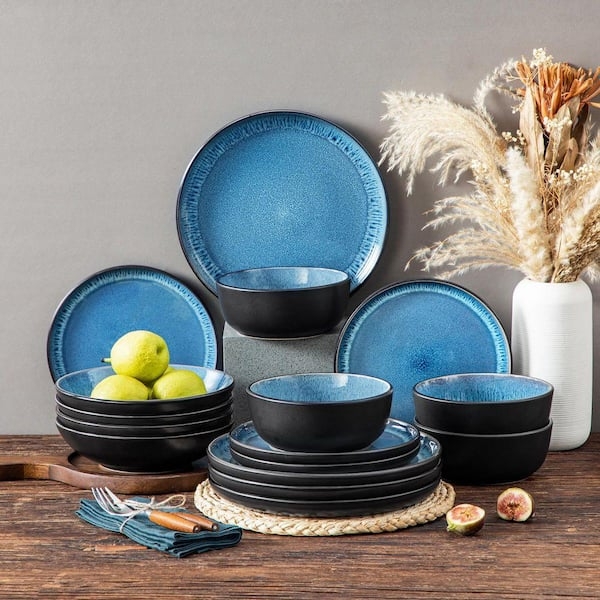 Dinnerware Set Reactive Blue Center Matte Black Rim Two Tone Color