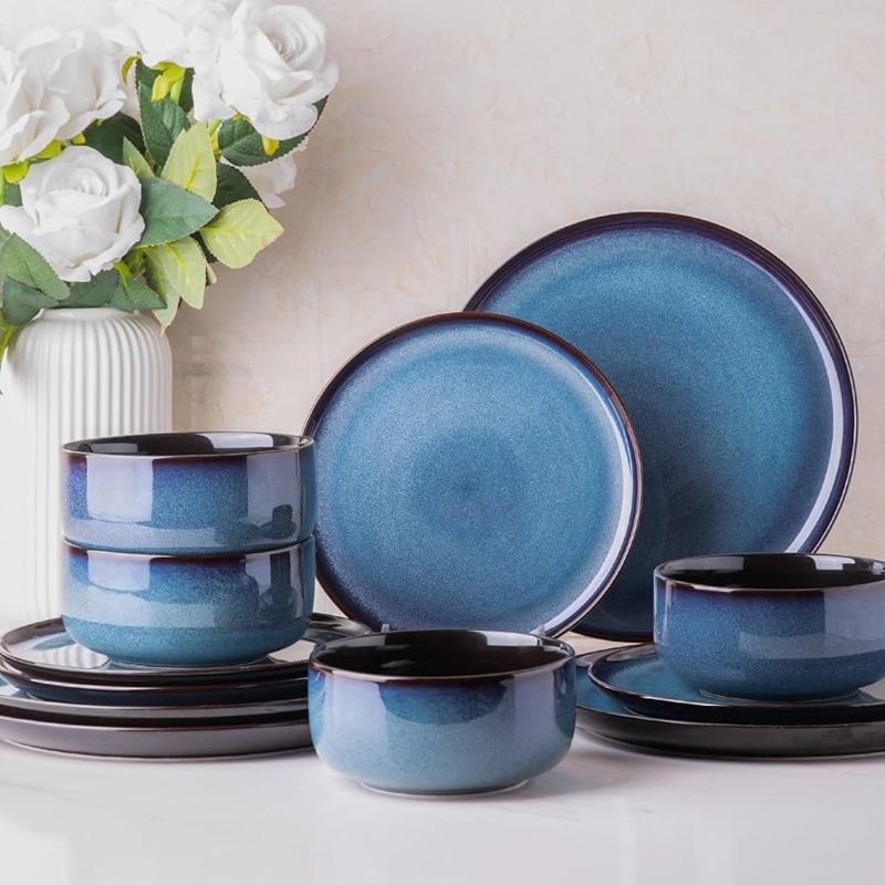 Dinnerware Set Reactive Glaze Contrasting Rims Modern Rustic Style