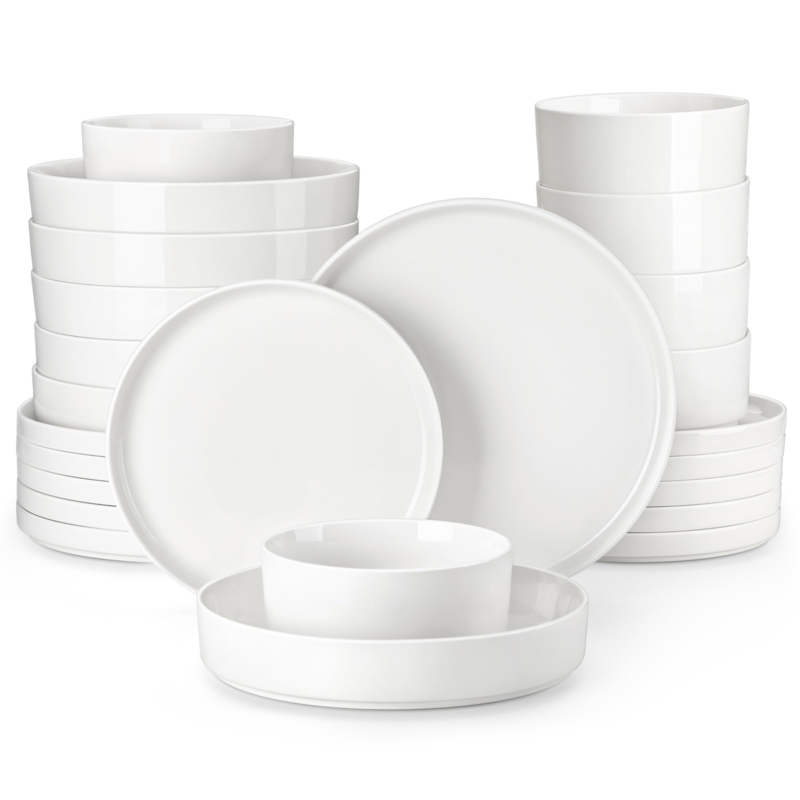 Dinnerware Set Soft Square Shape 24-Piece Count Glossy Rounded Edges