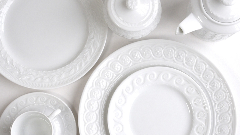 Dinnerware Set Varied Relief Patterns Sculpted Edges Neoclassical