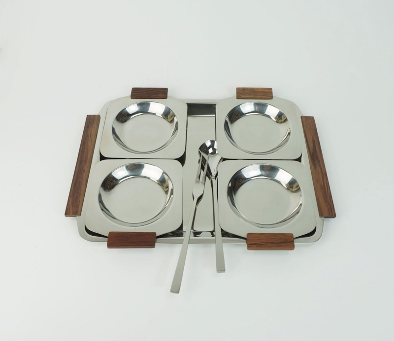 Dip Bowl Set, Brushed Metal and Wood, Mid Century Modern
