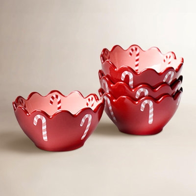 Dipping Bowls, Scalloped Rim. Festive Candy Cane Dipping Bowls.