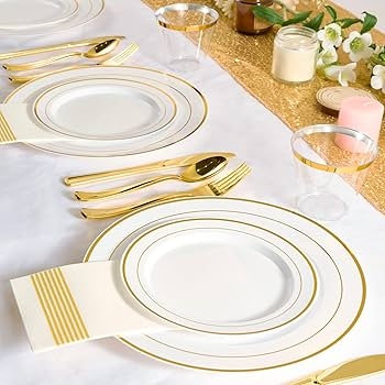 Disposable Dinnerware Set Gold Rimmed Plastic For Parties